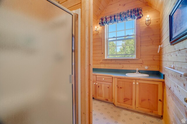 4571 Fawn Way, Heber City, UT 84032 - full bathroom featuring vanity, wooden walls, and a shower stall