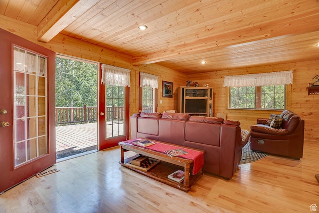 4571 Fawn Way, Heber City, UT 84032 - living area featuring wooden ceiling, visible vents, wooden walls, wood finished floors, and beam ceiling