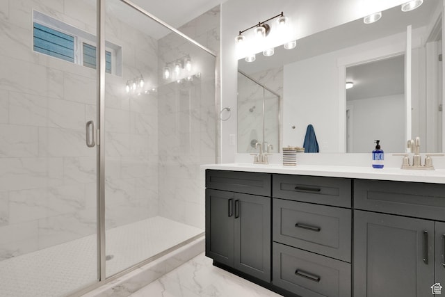 1281 Village Green Trl, Park City, UT 84098 - bathroom with a stall shower, double vanity, a sink, and marble finish floor
