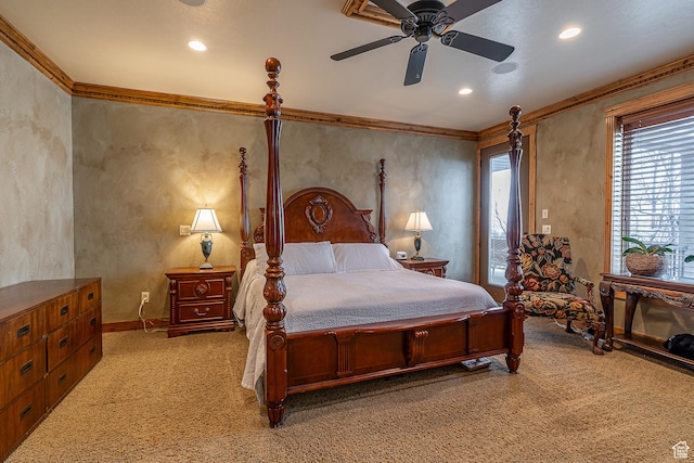 bedroom with light colored carpet, ornamental molding, recessed lighting, a ceiling fan, and baseboards