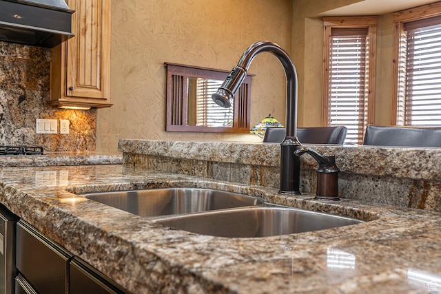 interior details with backsplash, a textured wall, premium range hood, and a sink