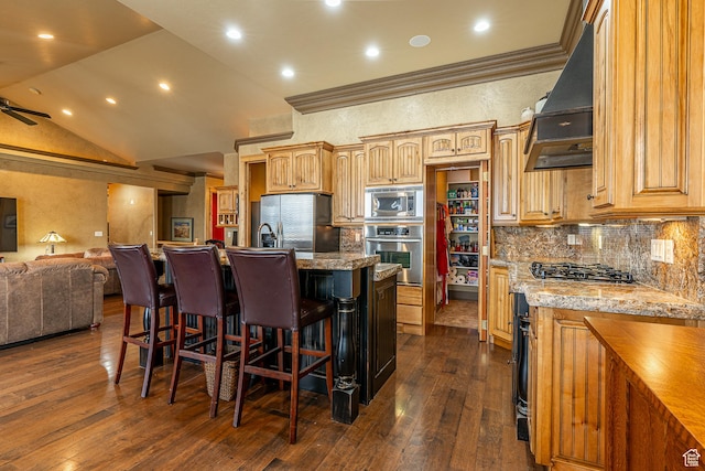 kitchen featuring open floor plan, a kitchen breakfast bar, premium range hood, stainless steel appliances, and dark wood-style floors