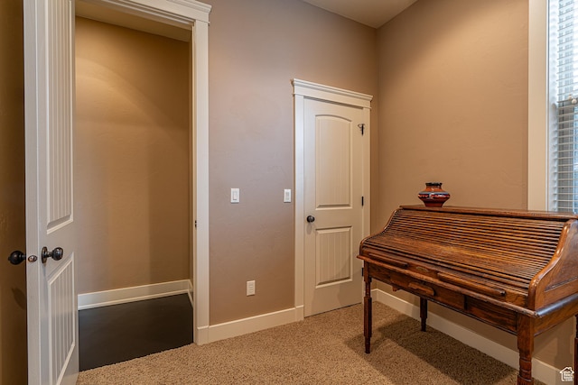 interior space featuring baseboards and light carpet