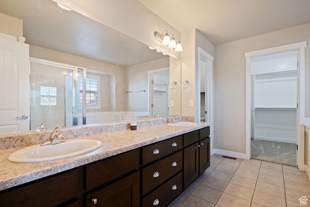 full bath featuring a sink, a walk in closet, double vanity, and a stall shower