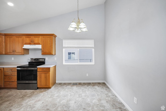 736 Majestic Dr, Logan, UT 84321 - kitchen with electric stove, under cabinet range hood, a chandelier, brown cabinets, and high vaulted ceiling