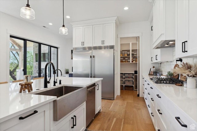 kitchen featuring hanging light fixtures, light wood finished floors, a sink, stainless steel appliances, and white cabinets