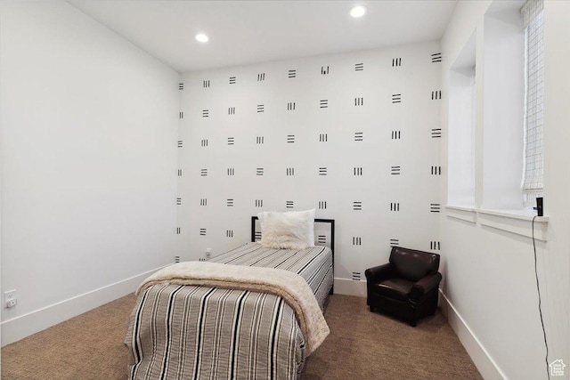 carpeted bedroom with baseboards and recessed lighting