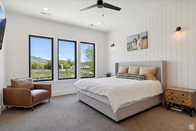 bedroom with a ceiling fan, recessed lighting, baseboards, visible vents, and carpet floors