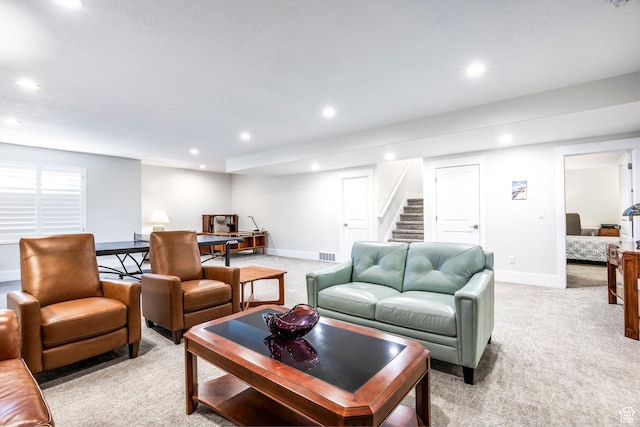 9293 S Regatta Ln, Cottonwood Heights, UT 84093 - living room with recessed lighting, visible vents, baseboards, light carpet, and stairs