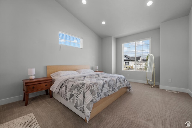 bedroom with baseboards, recessed lighting, carpet, and vaulted ceiling