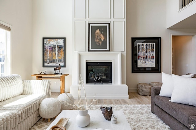 living area featuring wood finished floors, baseboards, and a glass covered fireplace