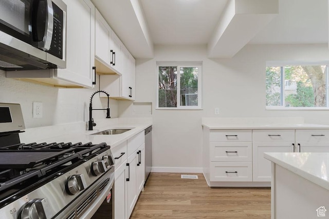 kitchen featuring a sink, stainless steel appliances, light wood-style flooring, and plenty of natural light