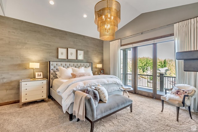 carpeted bedroom featuring lofted ceiling, baseboards, recessed lighting, and access to exterior