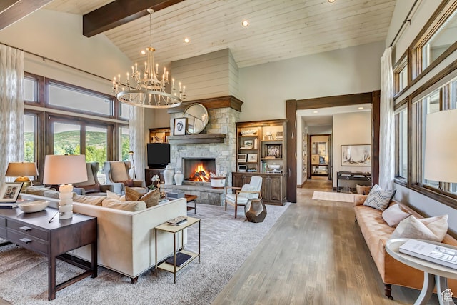 living area featuring an inviting chandelier, wood ceiling, high vaulted ceiling, and wood finished floors