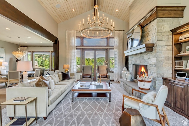 living room featuring a fireplace, an inviting chandelier, recessed lighting, and wooden ceiling