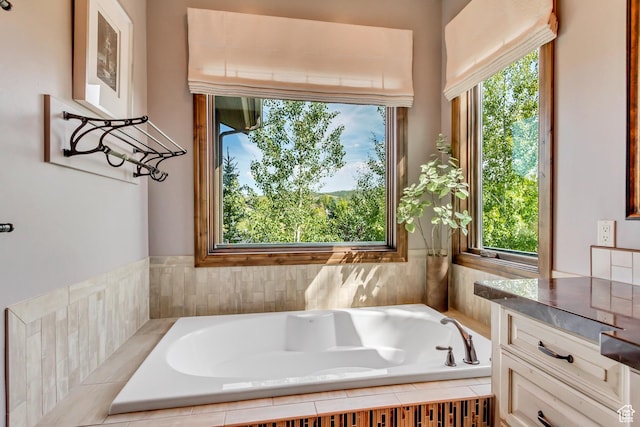 bathroom with vanity and a garden tub