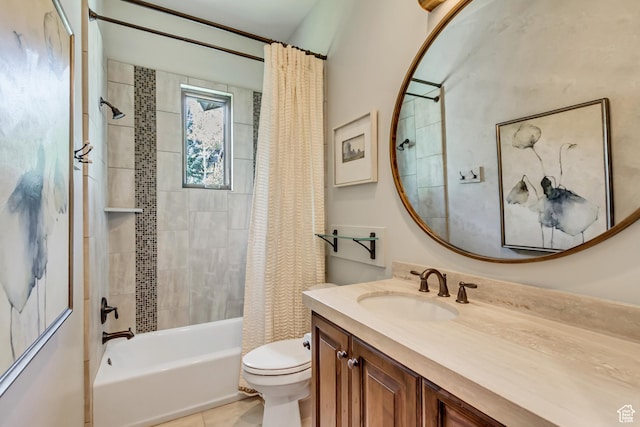 bathroom featuring shower / bath combination with curtain, toilet, and vanity
