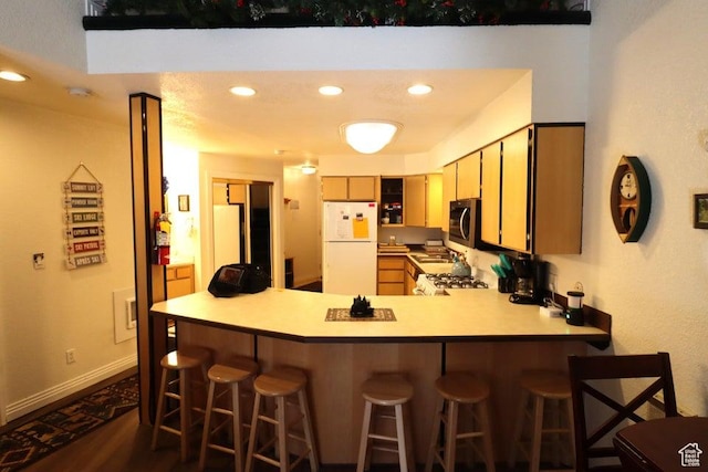 89 E Steam Engine Dr # 6B, Brian Head, UT 84719 - kitchen featuring a peninsula, freestanding refrigerator, stainless steel microwave, range, and recessed lighting