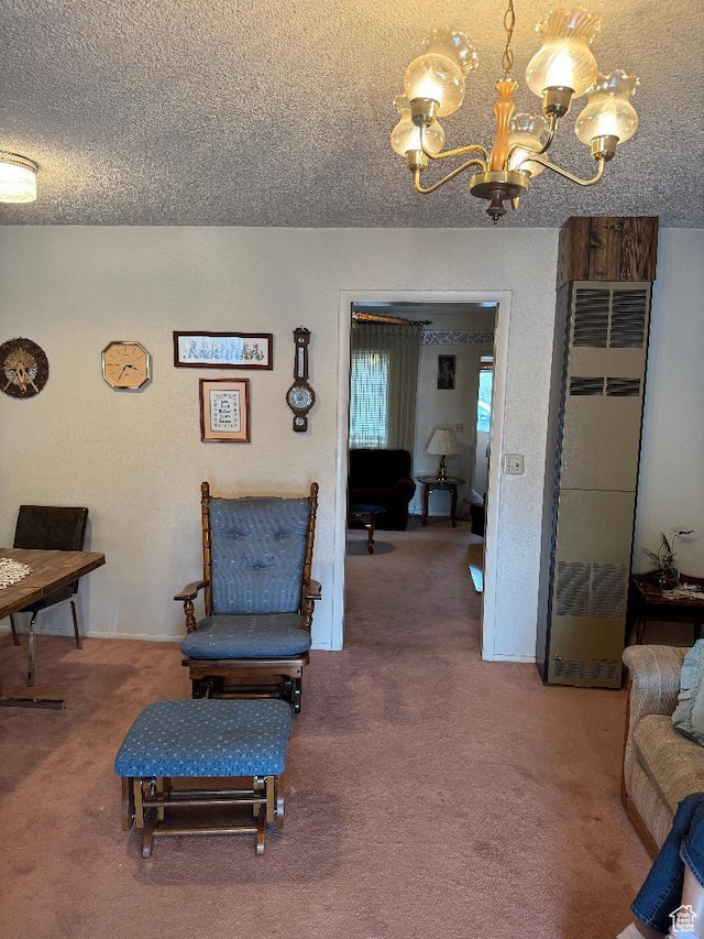 88 N 200 W, Elsinore, UT 84724 - living area with a textured ceiling, carpet flooring, a notable chandelier, and a heating unit