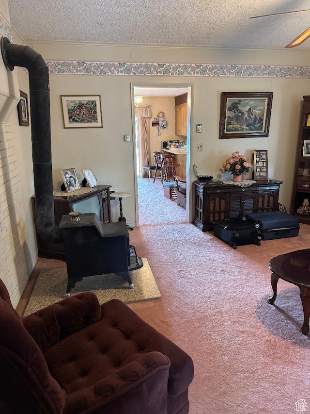 88 N 200 W, Elsinore, UT 84724 - living area featuring a wood stove, a textured ceiling, and carpet