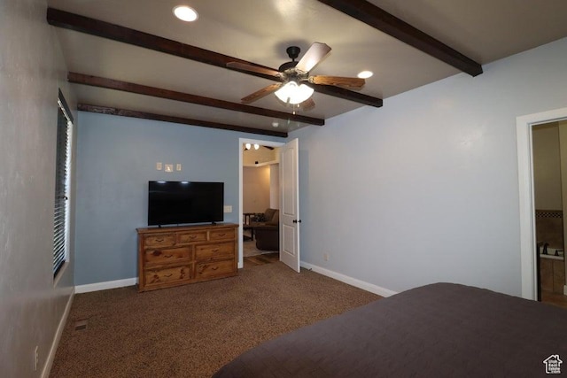 carpeted bedroom featuring beam ceiling, baseboards, and recessed lighting