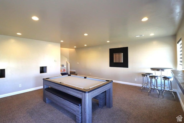 playroom with baseboards, dark carpet, recessed lighting, and billiards