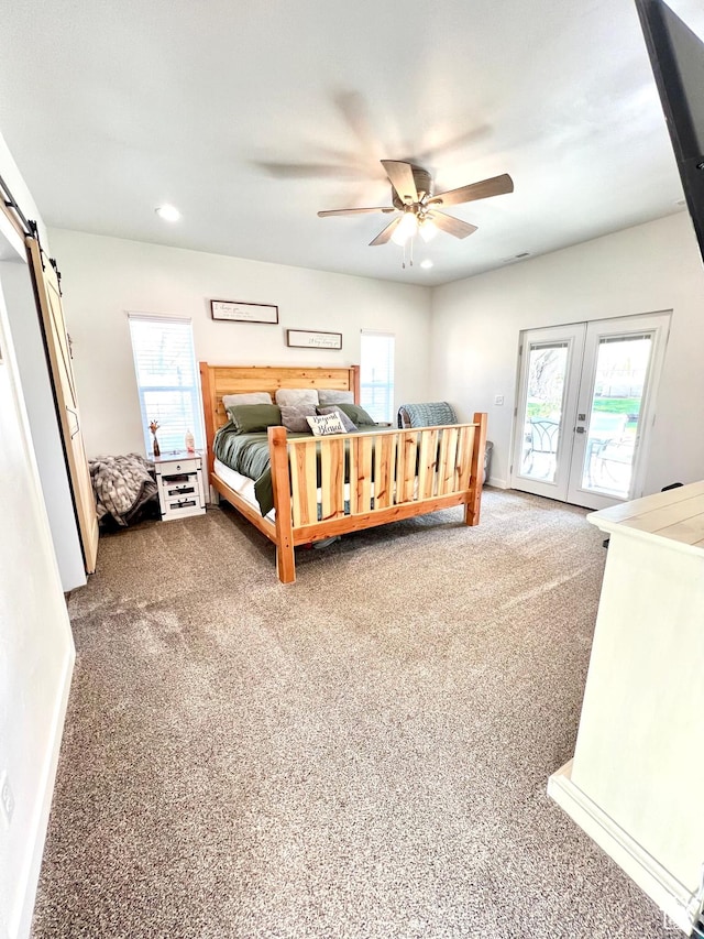 954 N 280 E, Elsinore, UT 84724 - carpeted bedroom featuring a ceiling fan, french doors, recessed lighting, a barn door, and access to outside