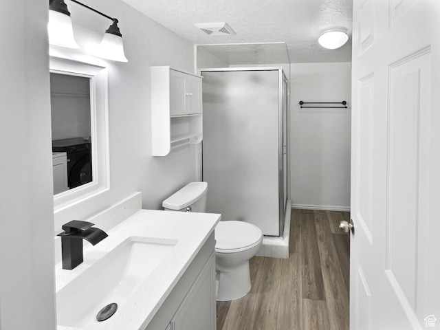 1303 N Riverside Ave Unit 32, Provo, UT 84604 - bathroom with wood finished floors, vanity, a textured ceiling, visible vents, and a shower stall