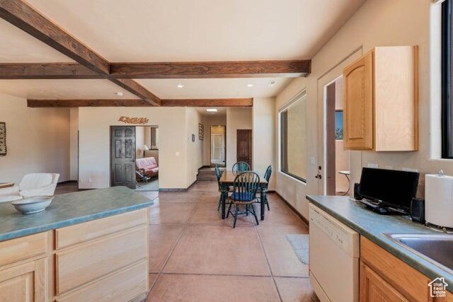 1151 W Shawnee Ct, Ivins, UT 84738 - kitchen featuring white dishwasher, light brown cabinets, light tile patterned floors, a sink, and beamed ceiling