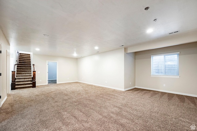 3440 Greenfield Cir, Mountain Green, UT 84050 - below grade area with visible vents, recessed lighting, stairway, carpet floors, and baseboards