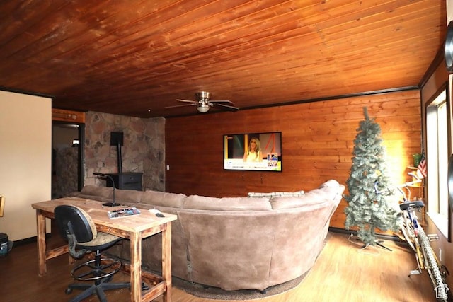 2304 S 11900 W, Cedar City, UT 84720 - living room with wooden ceiling, a wood stove, a ceiling fan, and wood finished floors