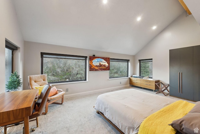 7515 Stagecoach Dr, Park City, UT 84098 - bedroom with high vaulted ceiling, recessed lighting, and light carpet