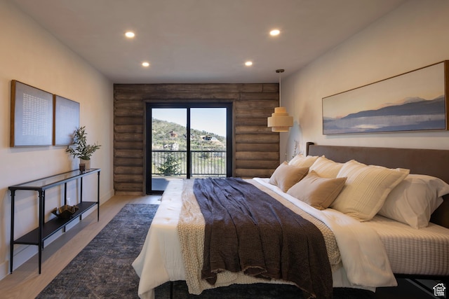 7370 N Buckboard Dr, Park City, UT 84098 - bedroom featuring light wood finished floors, rustic walls, access to outside, and recessed lighting