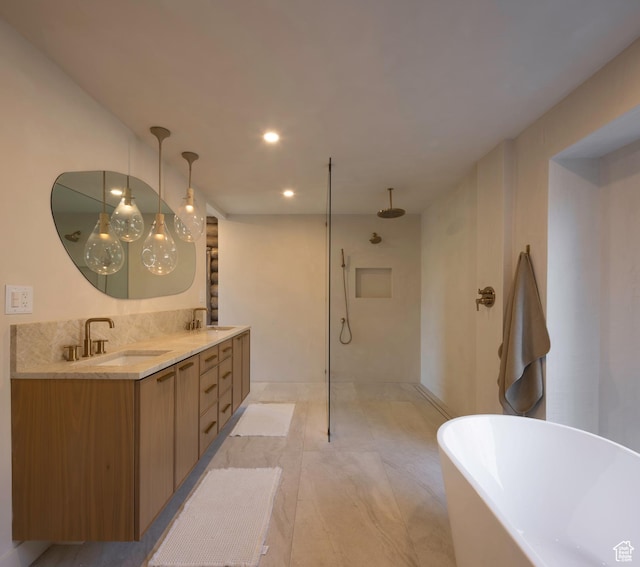 7370 N Buckboard Dr, Park City, UT 84098 - bathroom featuring walk in shower, a freestanding bath, double vanity, and a sink