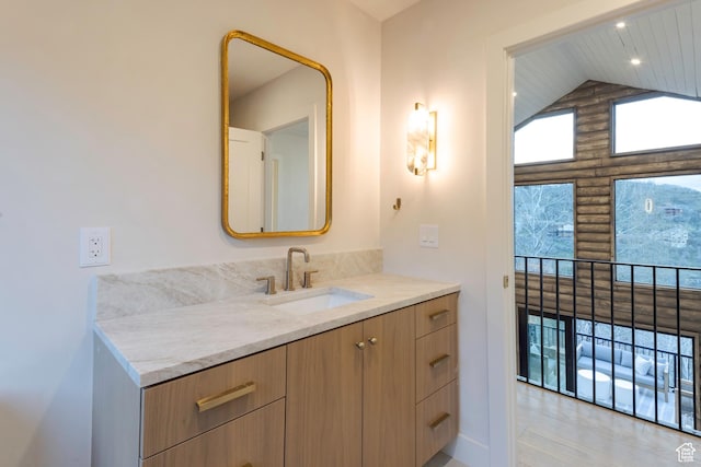 7370 N Buckboard Dr, Park City, UT 84098 - bathroom with vanity and high vaulted ceiling