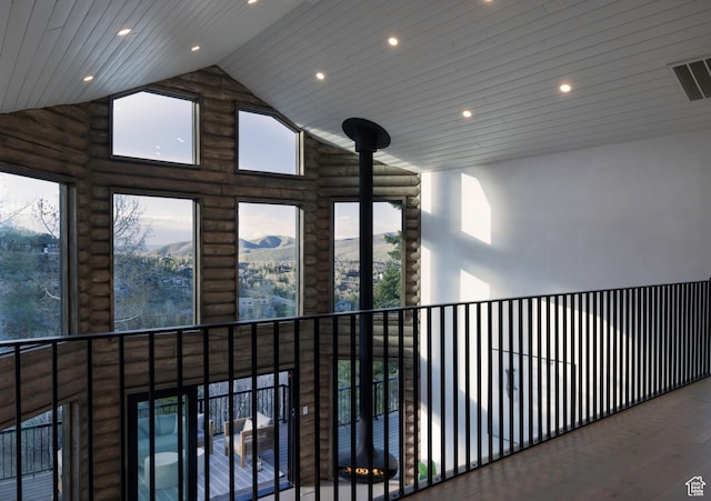7370 N Buckboard Dr, Park City, UT 84098 - interior space featuring recessed lighting, log walls, high vaulted ceiling, and wood ceiling