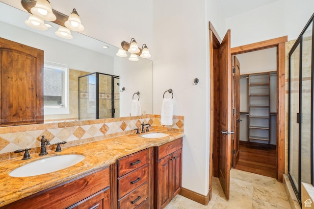 12221 Ross Creek Dr Unit 137, Kamas, UT 84036 - full bath featuring a sink, double vanity, tasteful backsplash, and a shower stall