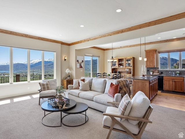 living room with recessed lighting, a mountain view, a healthy amount of sunlight, and crown molding