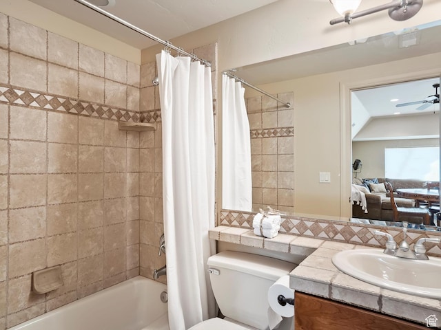 bathroom featuring toilet, ceiling fan, shower / bathtub combination with curtain, decorative backsplash, and vanity