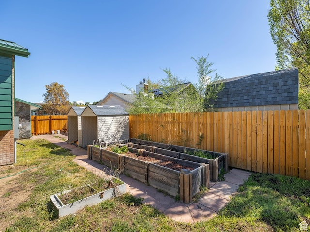 view of yard with a fenced backyard, a shed, a garden, and an outdoor structure