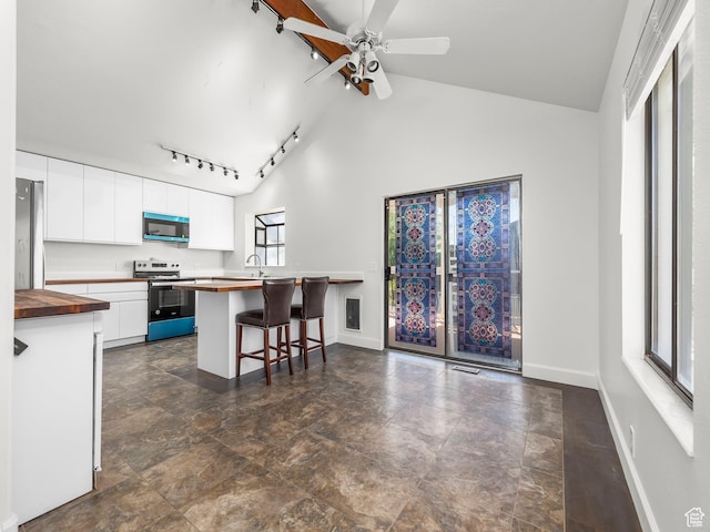 kitchen with a ceiling fan, butcher block counters, a kitchen breakfast bar, stainless steel appliances, and white cabinets