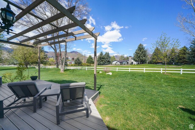 384 N Cottage Creek Ct W, Midway, UT 84049 - deck featuring a pergola, a mountain view, and a lawn