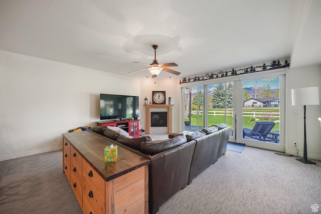 384 N Cottage Creek Ct W, Midway, UT 84049 - living room featuring light carpet, baseboards, and a ceiling fan