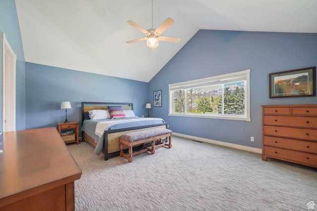 384 N Cottage Creek Ct W, Midway, UT 84049 - bedroom with a ceiling fan, baseboards, carpet flooring, visible vents, and high vaulted ceiling