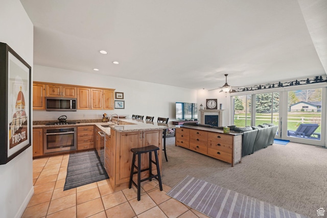384 N Cottage Creek Ct W, Midway, UT 84049 - kitchen with a peninsula, light tile patterned floors, a ceiling fan, open floor plan, and appliances with stainless steel finishes