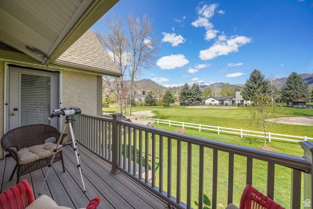 384 N Cottage Creek Ct W, Midway, UT 84049 - wooden deck featuring a fenced backyard, a yard, a mountain view, and golf course view