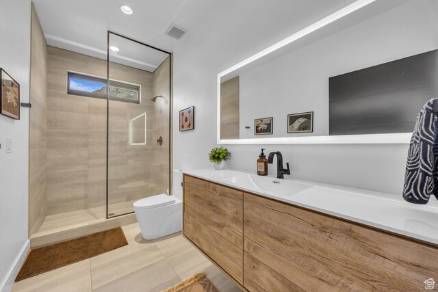 846 E 270 S, Kamas, UT 84036 - full bath featuring toilet, a tile shower, tile patterned floors, vanity, and recessed lighting