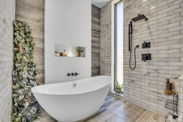 846 E 270 S, Kamas, UT 84036 - bathroom with a tile shower, a freestanding tub, and wood finished floors