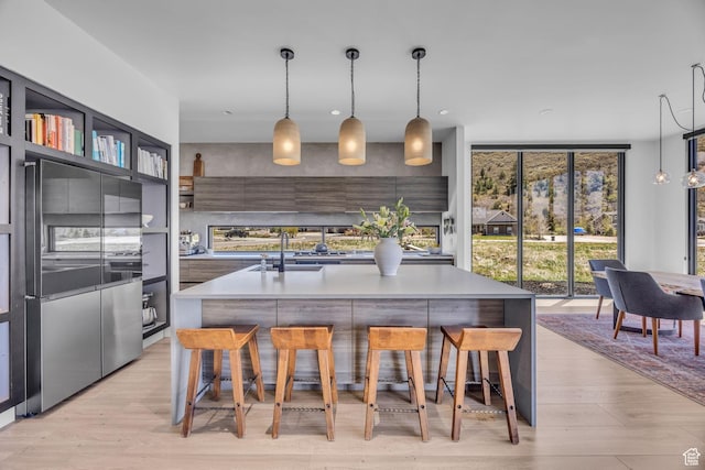 846 E 270 S, Kamas, UT 84036 - kitchen featuring a sink, modern cabinets, a kitchen bar, light wood finished floors, and a kitchen island with sink