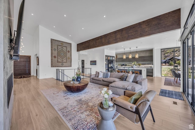 846 E 270 S, Kamas, UT 84036 - living room featuring high vaulted ceiling, light wood-style flooring, and recessed lighting